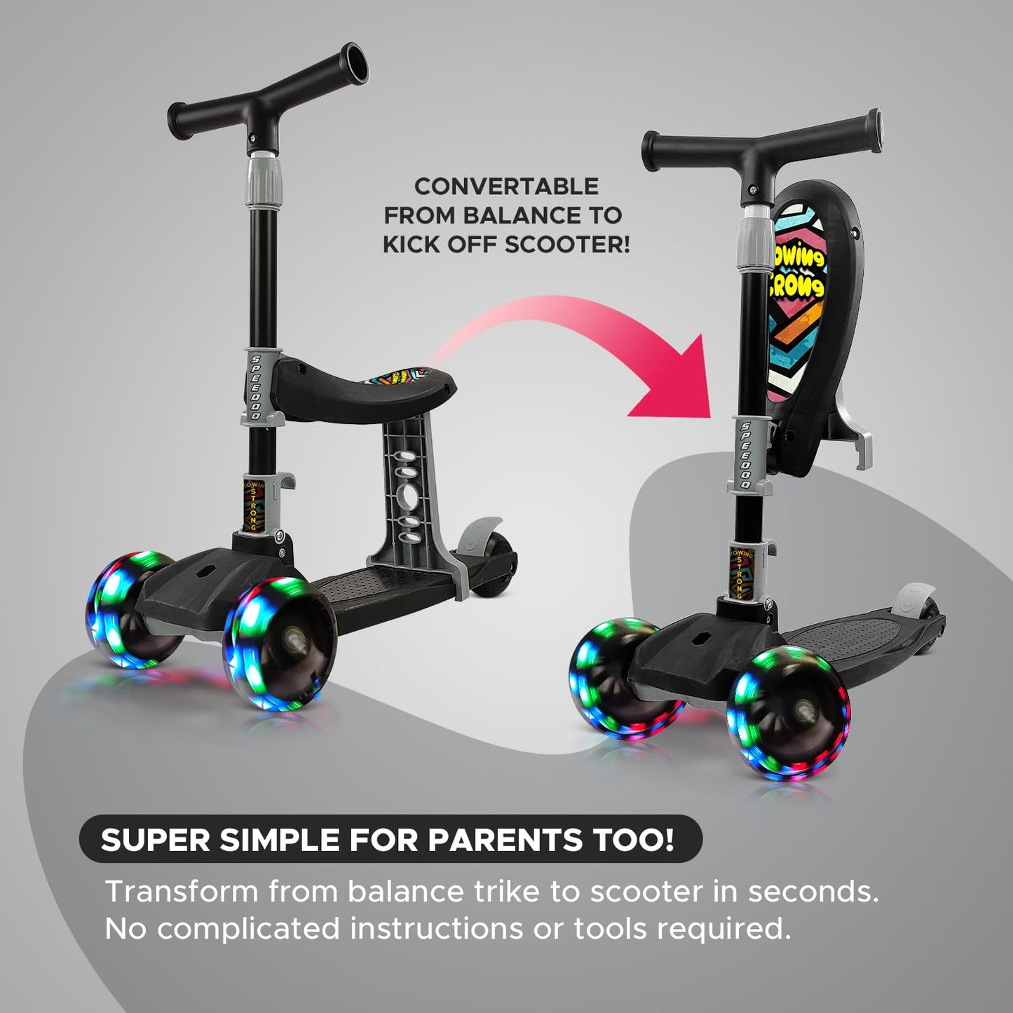 NHR Kids 2-in-1 Scooter – LED Light-Up, Foldable, and Adjustable for Endless Fun!