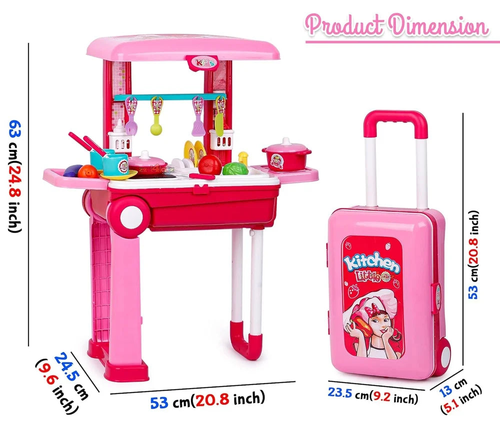 Kitchen Set for Kids (Girls' Big Cooking Set with Light and Sound, Portable Trolley 2-in-1)