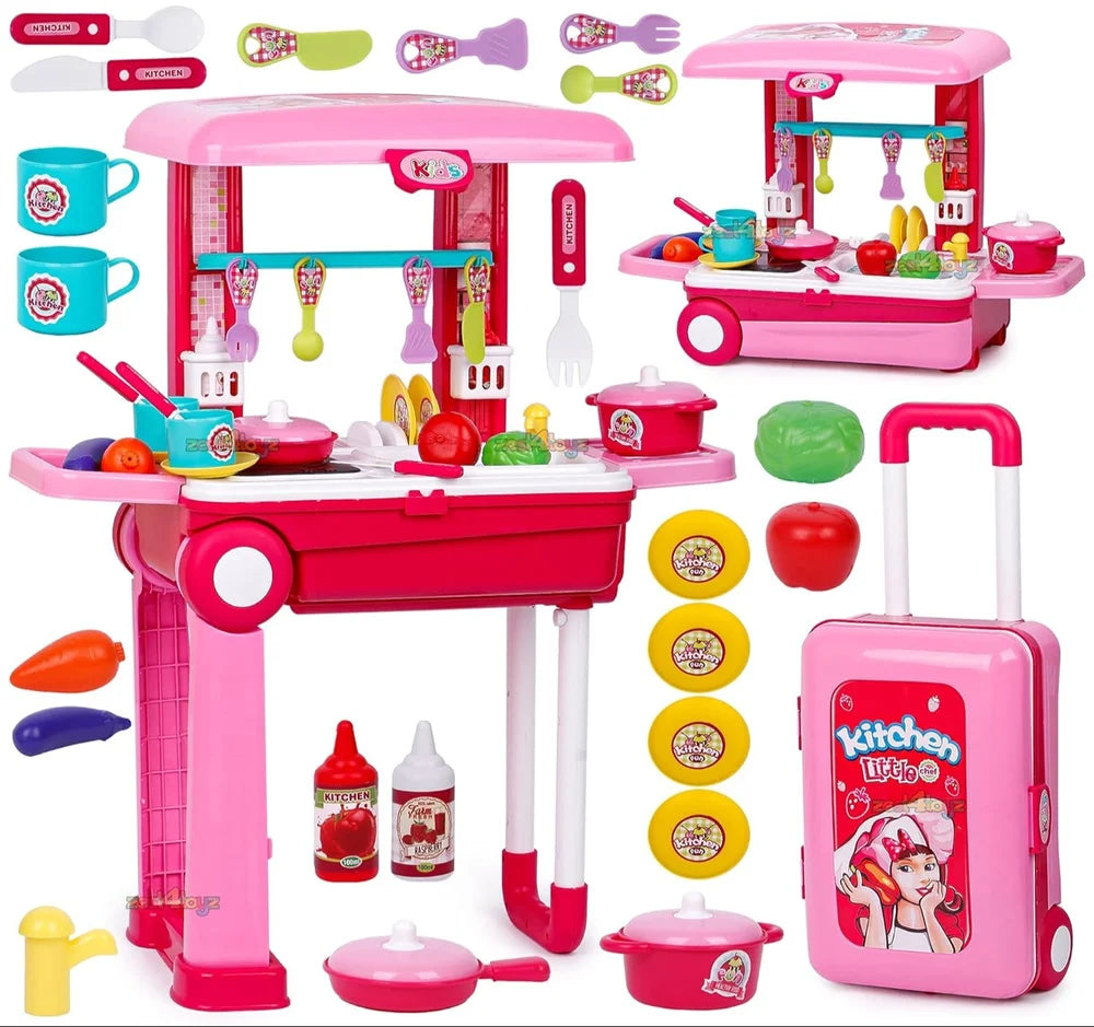 Kitchen Set for Kids (Girls' Big Cooking Set with Light and Sound, Portable Trolley 2-in-1)