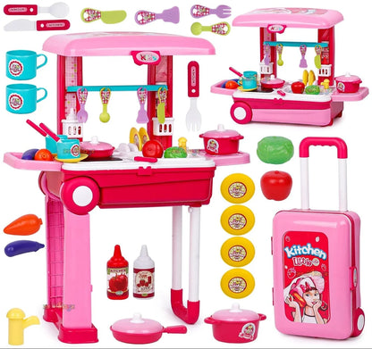 Kitchen Set for Kids (Girls' Big Cooking Set with Light and Sound, Portable Trolley 2-in-1)